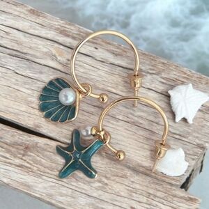 Gold and Teal Seashell and Starfish Earrings